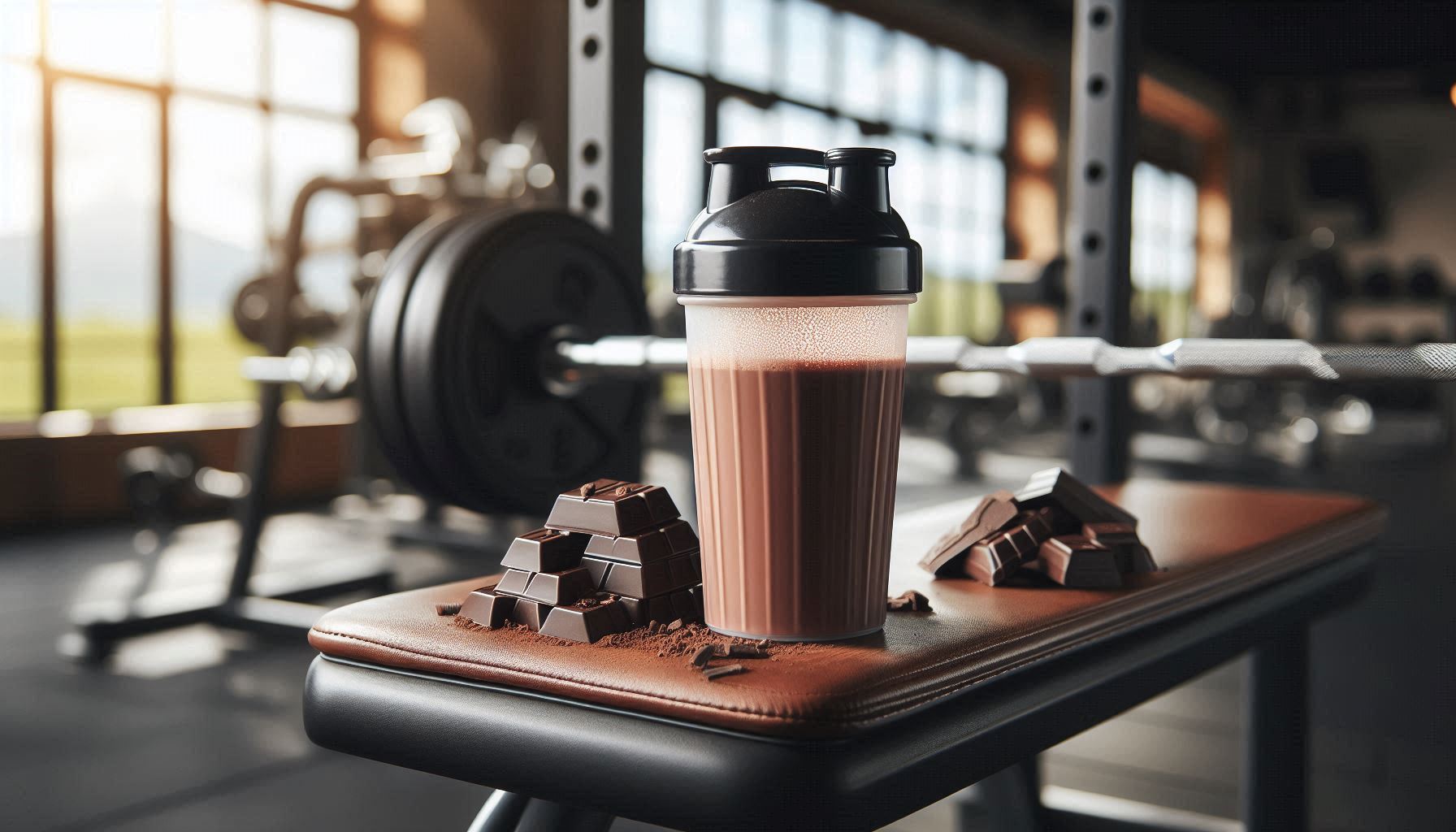 : Chocolate whey shake in shaker bottle on gym bench